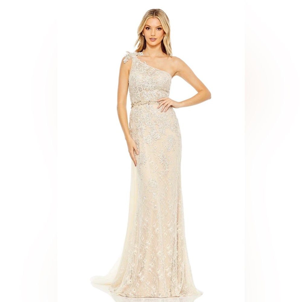 NWT $798 MAC DUGGAL PANEL TRAIN EMBROIDERED LACE ONE SHOULDER DRESS GOWN 79315